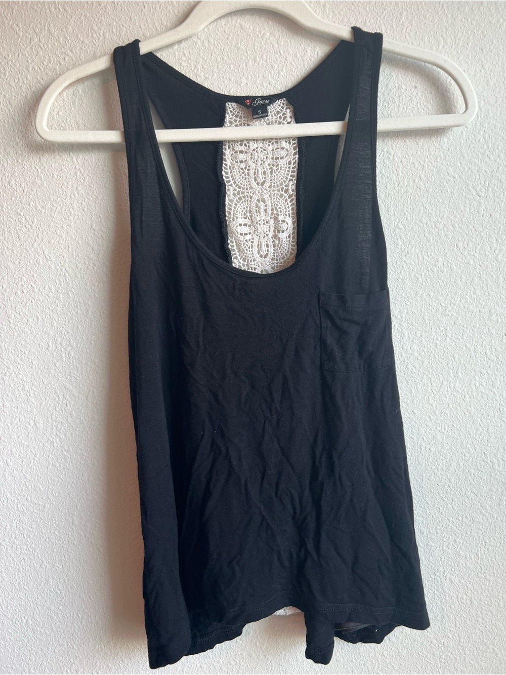 GUESS Black Racerback Tank Top with White Crochet Lace Back - Small